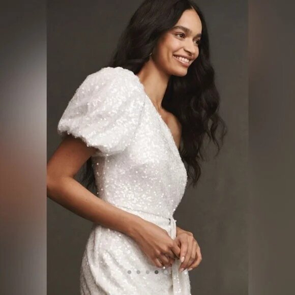 Sachin & Babi Sequin Dova Puffed One-Shoulder Bow Wrap Mini Dress size 8 - Picture 2 of 15